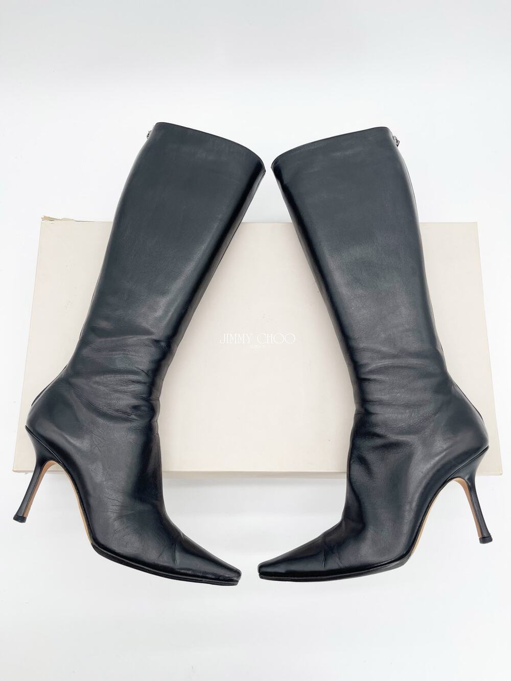 Jimmy Choo Vintage Peony Black Leather Pointed Toe Knee High Heeled Boots IT 41